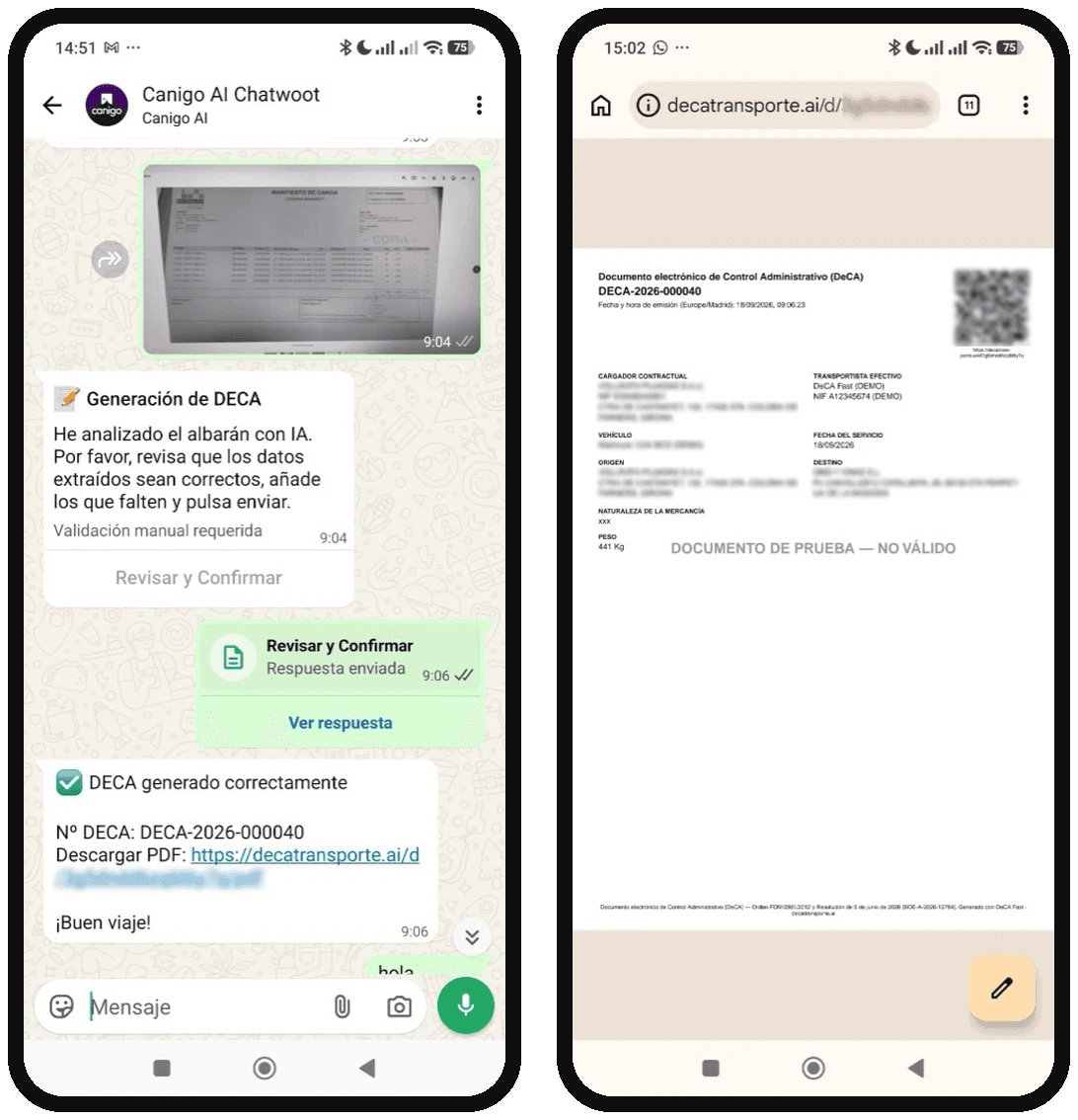 Flujo en WhatsApp: el conductor envía la foto del albarán, confirma los datos y recibe el DeCA con QR en el móvil