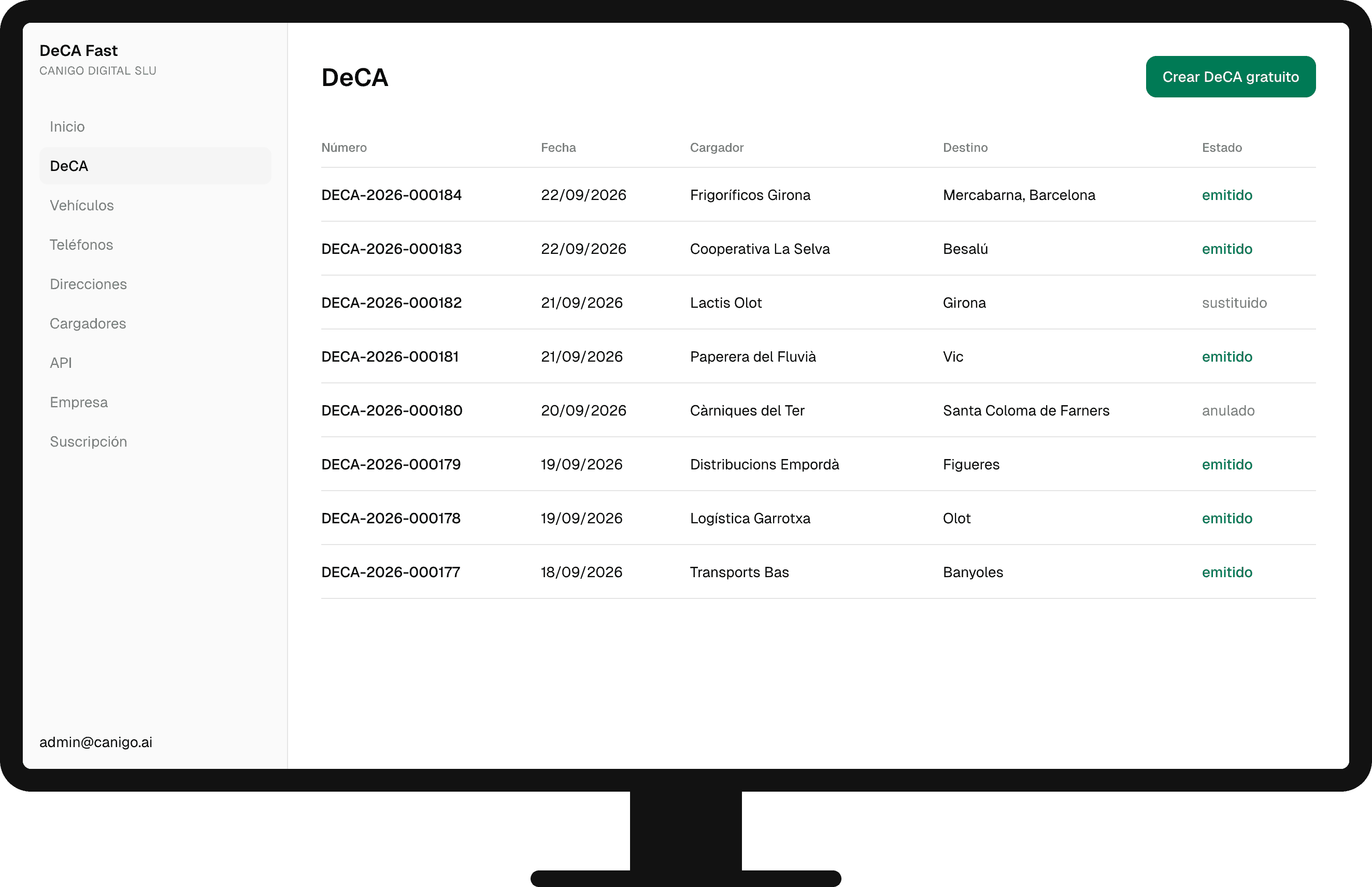Panel de DeCA Fast en el ordenador: listado de documentos y botón para crear un DeCA gratuito